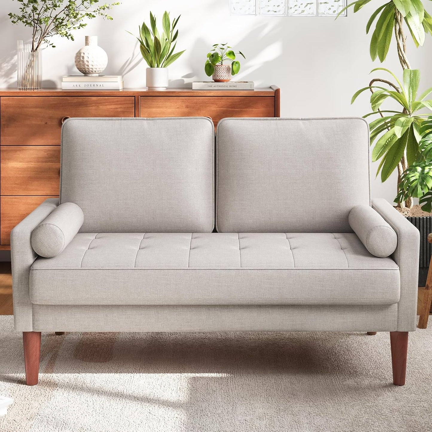 Moderner Kompakt-2-Sitzer Sofa mit 2 Kissen – Platzsparende Mini-Sektionsgarnitur in Aschbeige & Grau, Massivholzrahmen weiche Polsterung, klassisches zeitgenössisches Design für kleine Wohnräume, Apartments, Büros - Einfache Montage erforderlich, langl