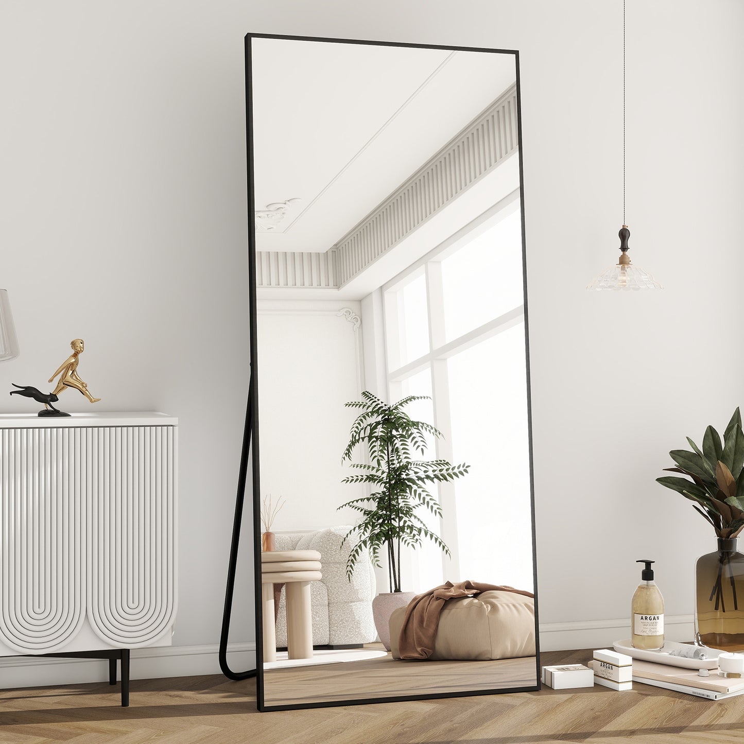 Koonmi 165 x 60 cm standing mirror, robust full-length mirror with minimalist, narrow aluminum frame, modern large wall mirror standing or hanging for living room and bedroom, black/gold