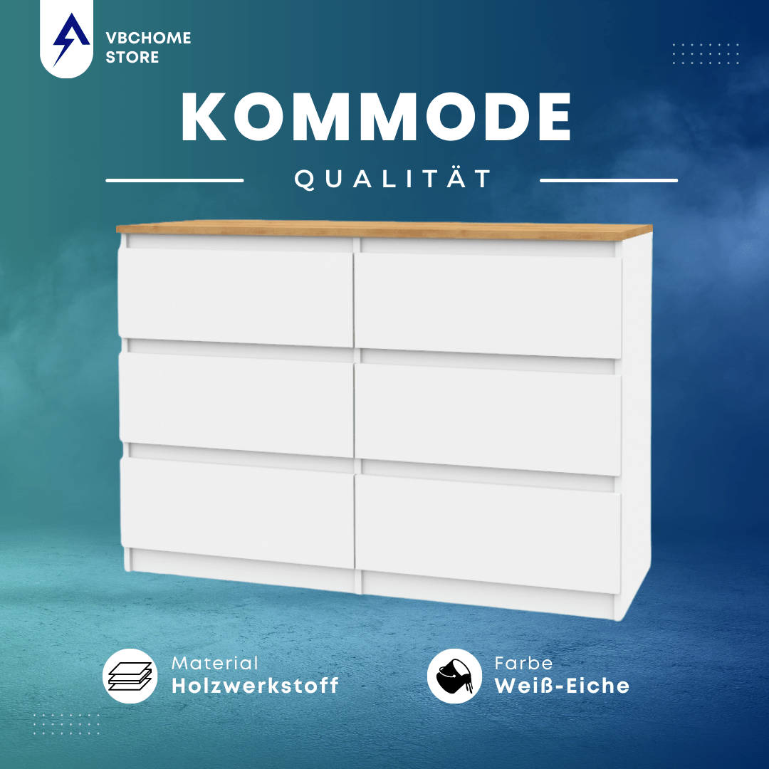 VBChome Kommode 6 Schubladen 120x39x81 cm Weiß-Eiche Grifflose Holzkommode Modern für Flur Schlafzimmer Wohnzimmer Kinderzimmer Einfache Montage