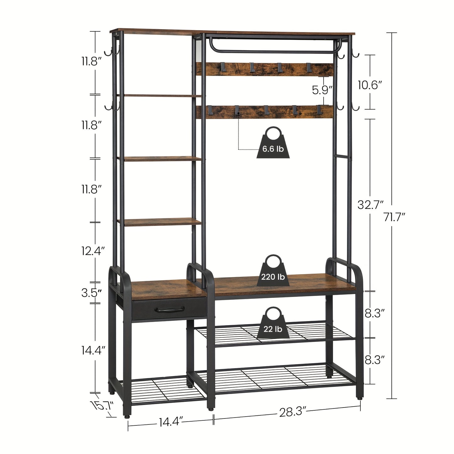 Kleiderständer mit Bank, Kleiderständer mit 3-stufiger Schuhbank, 1 Schublade, 5-in-1 Kleiderständer mit 17 Haken, 1 Hängebar, 4-stufige Seitenschrank, 40 x 120 x 182 cm, braun und schwarz