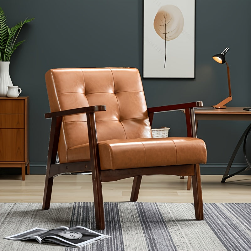 Ergonomischer Vintage-Armlehnstuhl aus Kunstleder mit Massivholzrahmen - Dickes Kissen, Retro-Stil für Wohnzimmer, Schlafzimmer, Café, Büro - Karamellbraun, Stuhl für Wohnzimmer, Handstützenstuhl
