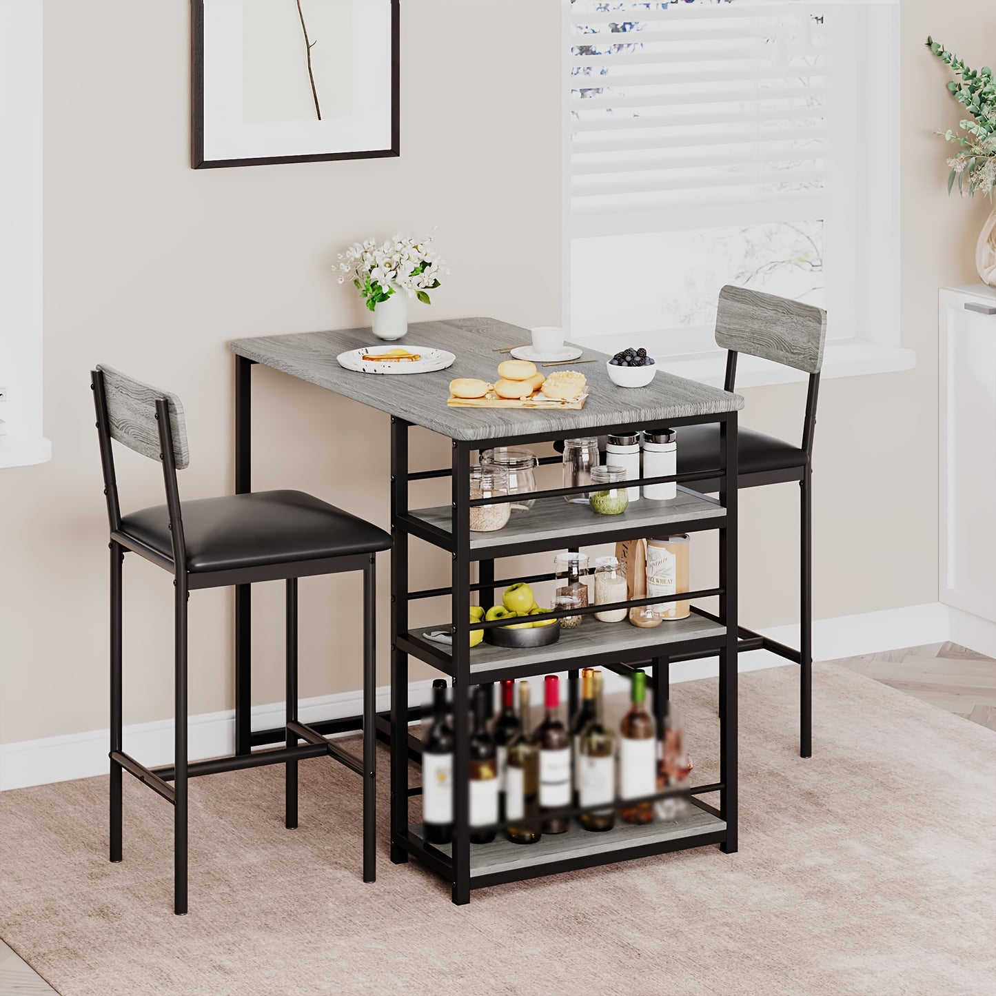 Esstisch Stühle, Küchentisch-Set mit 2 gepolsterten Stühlen, Barhocker mit Fußstütze, 2 Hochbarhocker, dickes Polster, für Wohnungen Bistros, Küchentische für kleine Räume,Küchentisch