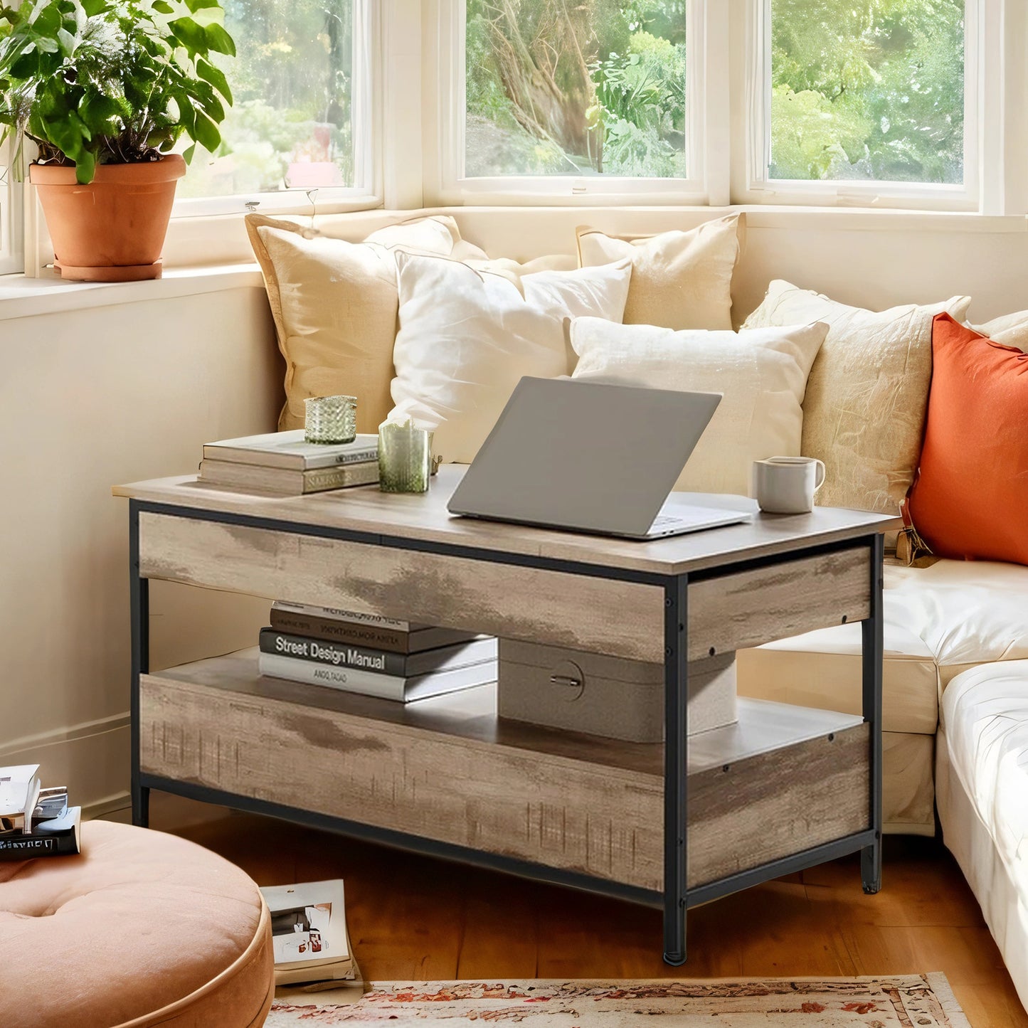 Verstellbarer Höhen Multifunktions-Couchtisch 50 x 100 cm, Wohnzimmertisch/Kaffeetisch/Sofatisch, Tischplatte Lift-Top Design , mit Schubladen、offenes Fach Aufbewahrung ,Stylischer Industriestil,mehrere Farben erhältlich,für Wohnzimmer, Empfangsbereich,S