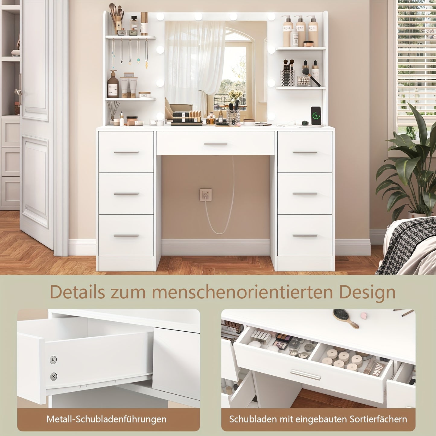 Großer Schminktisch mit LED-Beleuchtungsspiegel & Steckdose, Make-up Schminktisch mit 7 Schubladen, 4 Ablagen und 5 Haken, Schminktisch, Schminktisch Set für Schlafzimmer, Badezimmer