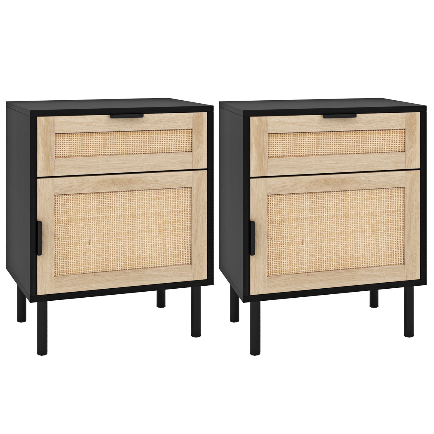 Rattan-Nachttischset aus 2 Teilen, Moderne Nachttisch im Mid-Century-Stil mit Schublade und Schrank, Bettseite Tisch mit Robusten Metallbeinen, Sofatisch für Wohnzimmer, Schlafzimmer, Kleine Räume, Schwarz