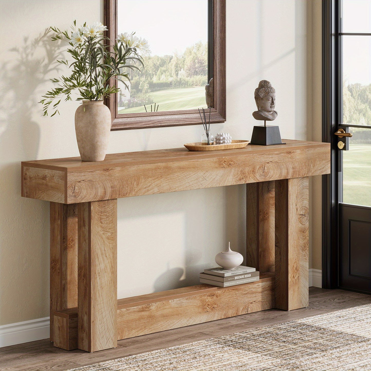 63-Zoll Moderner Farmhouse-Eingangskonsolentisch - 2-Lagiger Schmal Langer Flur-Tische aus Massivholzoptik mit Rustic-Braunem Finish, Platzsparendes Design & Stabilem Kippboden für Wohnbereich, Einstiegshalle – Einfache Montage , Großflächige Aufbewahrun