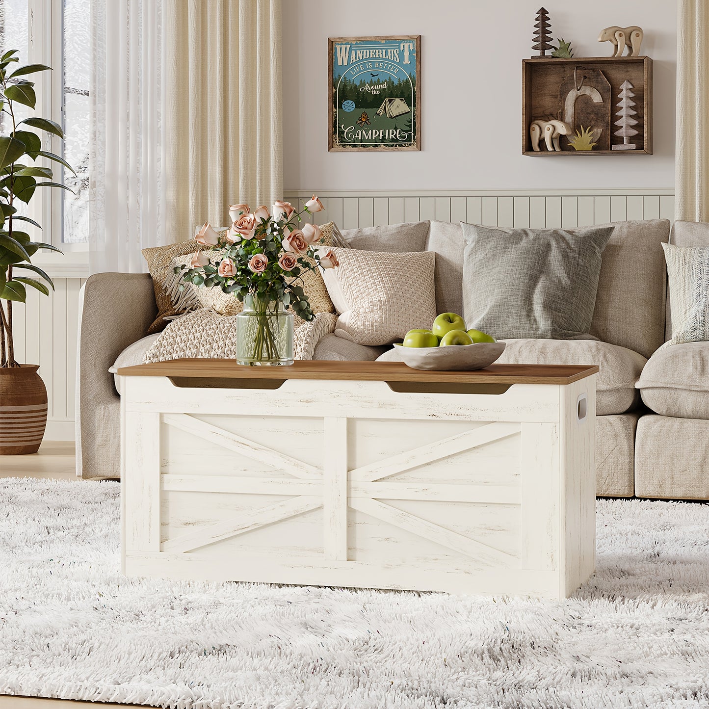 Lever-top storage bench with 2 safety hinges - 100cm white & wood organizer for entryway, bedroom, living room - Versatile shoe storage with decorative lid, classic design, sturdy construction, minimalist design