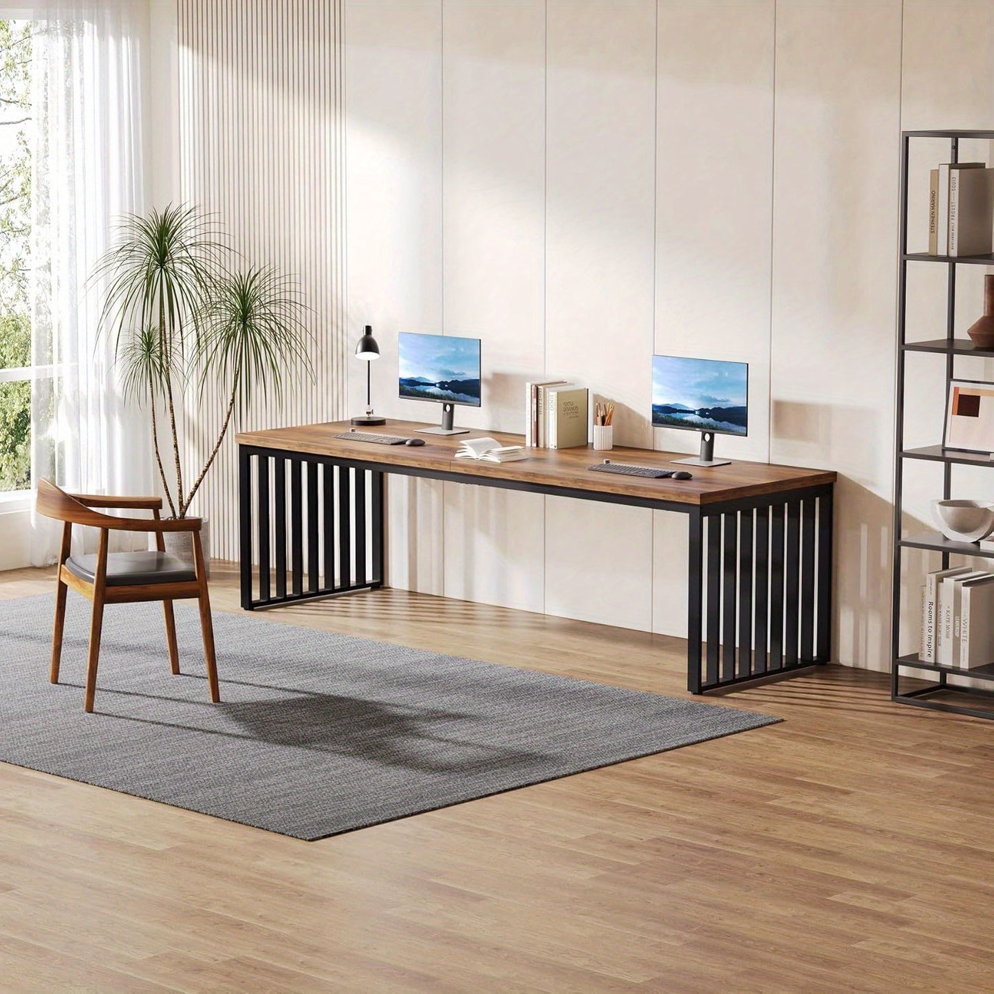 Großer Computer-Schreibtisch, 180 cm Schreibtisch, PC-Tisch, Bürotisch mit robustem Metallrahmen, Arbeitsplatz für Home Office, Heimschreibtische, Konferenztisch, Braun (ohne Stuhl)