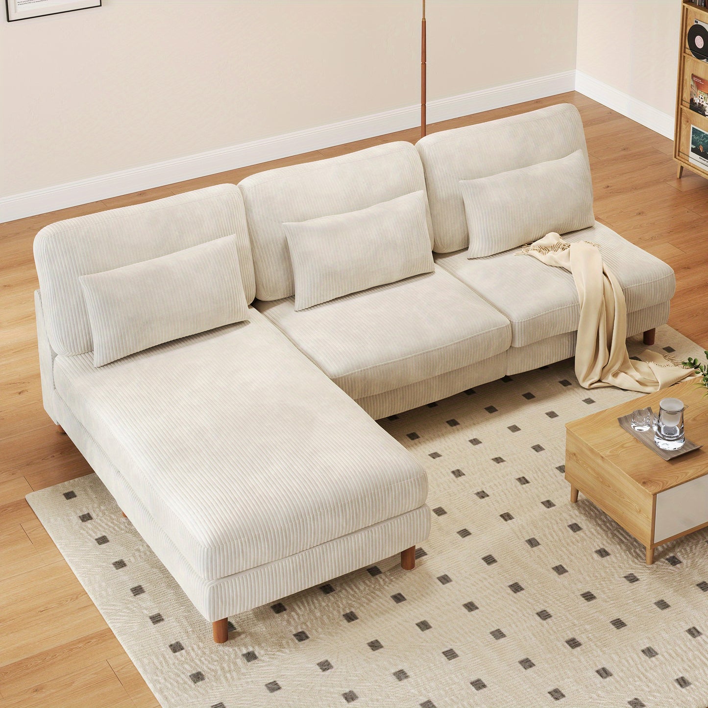 Extra lange L-förmige modulare Eckcouch - 256 cm konvertierbare 3-Sitzer Couch mit ergonomischer, kordstoffähnlicher Textur, Massivholzrahmen & einfacher Montage, geräumiges Wohnzimmersofa für große Räume, modernes Modular Design mit abnehmbaren waschbar