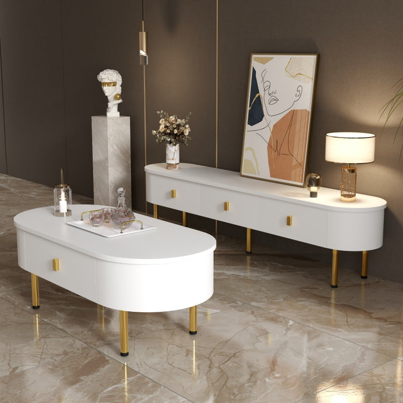 Stilvolles Weißes Lowboard TV-Schrank mit Goldenen Griffen und Gebogenen Beinen, Elegantes Design mit Dekorativen Akzenten - Kein Strom Erforderlich, Langlebiges Material