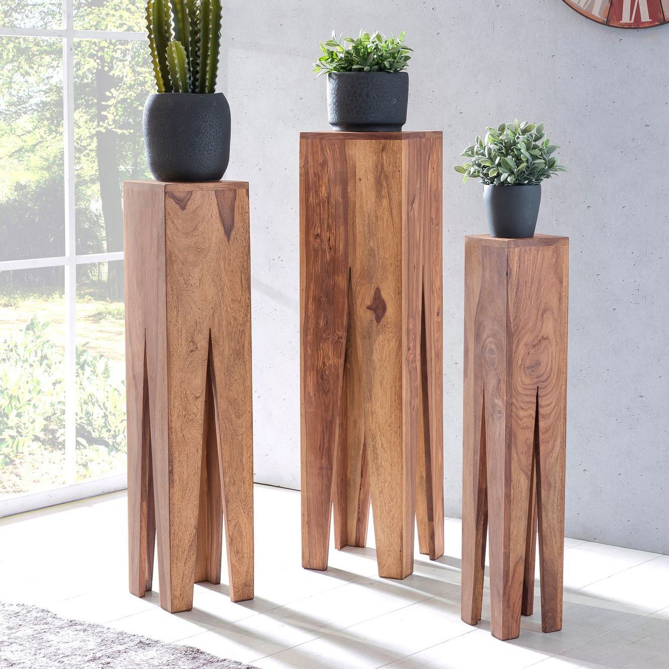 Beistelltisch 3er Set Massivholz Satztisch Quadratisch Modern, Säulentisch Pflanzentisch 3-teilig, Blumenständer Blumentisch Wohnzimmer, Pflanzenhocker Blumenhocker Dekosäule