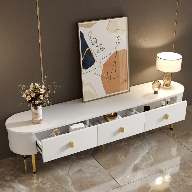 Stilvolles Weißes Lowboard TV-Schrank mit Goldenen Griffen und Gebogenen Beinen, Elegantes Design mit Dekorativen Akzenten - Kein Strom Erforderlich, Langlebiges Material