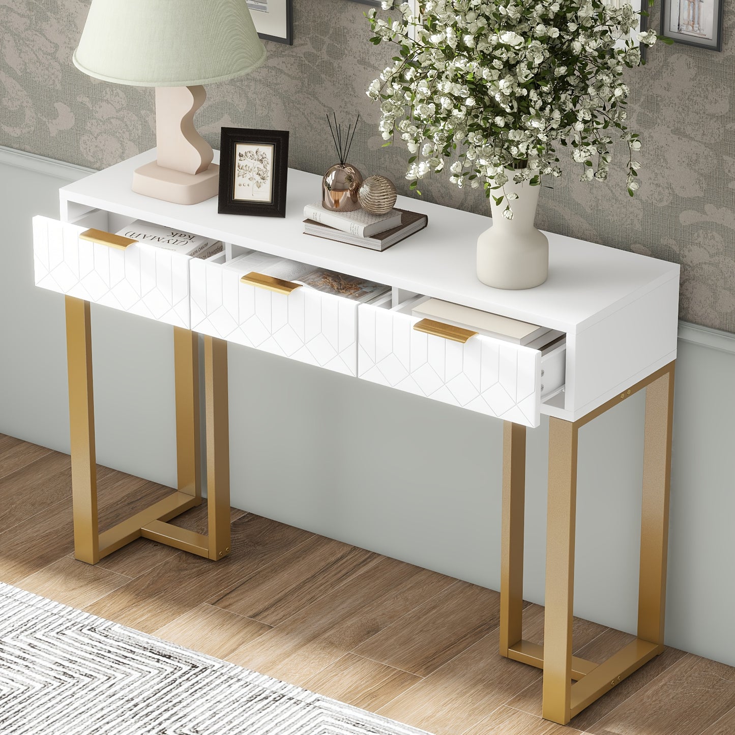 Moderner Konsolentisch mit 3 Schubladen - Goldener Metallrahmen, Platzsparender Eingangstisch für Wohnzimmer, Schlafzimmer, Flur - Stabile Metallkonstruktion, Einfache Montage, Kein Strom benötigt - Ideal für kleine Räume - 120x36x80cm, Konsolentisch für