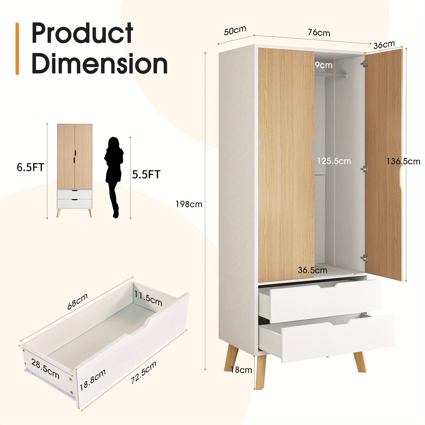 LUXOAK Kleiderschrank mit 2 Schubladen in Weiß und Holzoptik - 198 cm hoch x 50 cm breit, moderner Schrank mit Kleiderstange und Stauraum, geeignet für Schlafbereich und mehr
