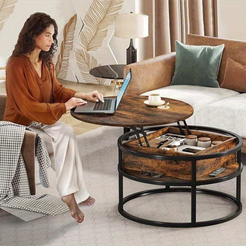 Verstellbarer Runder Kaffeetisch mit Hebeplatte und verstecktem Stauraum – Vintage-Holzdesign, platzsparender Multifunktions-Tisch für Wohnzimmer & Homeoffice, einfache Montage