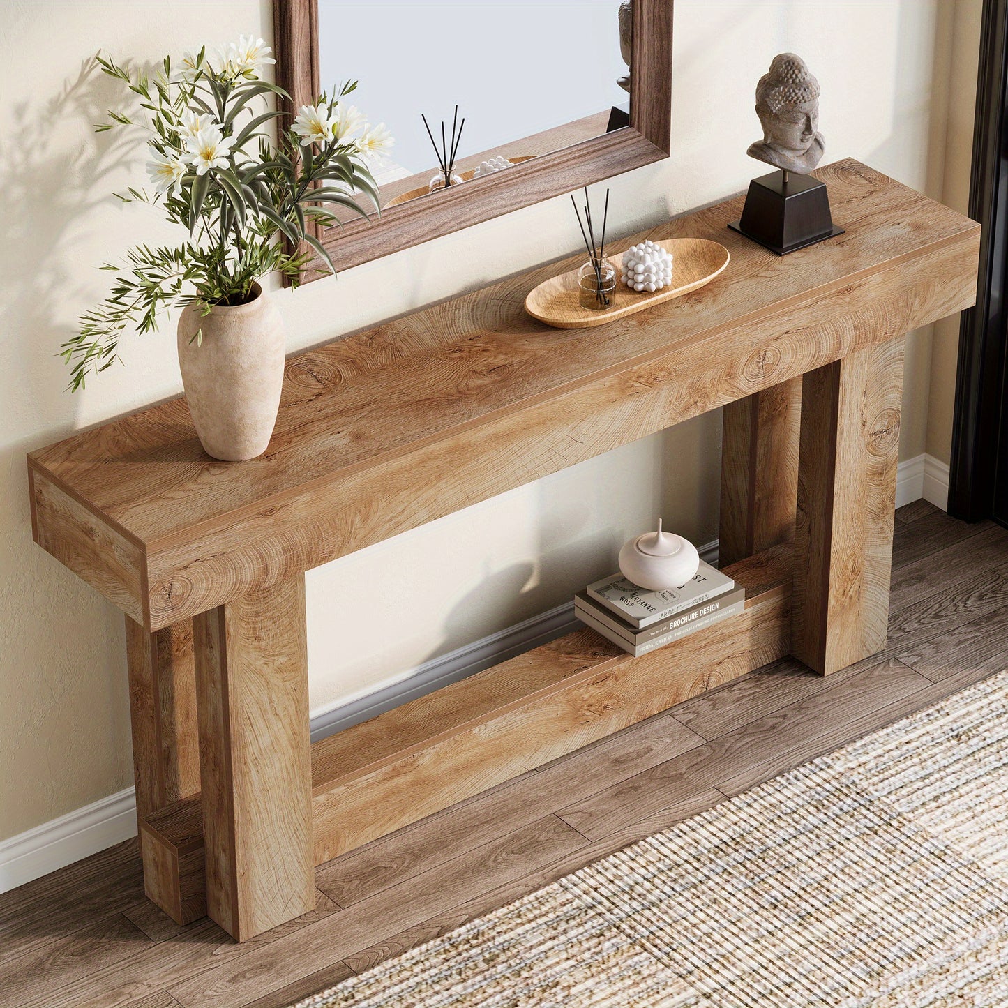 63-Zoll Moderner Farmhouse-Eingangskonsolentisch - 2-Lagiger Schmal Langer Flur-Tische aus Massivholzoptik mit Rustic-Braunem Finish, Platzsparendes Design & Stabilem Kippboden für Wohnbereich, Einstiegshalle – Einfache Montage , Großflächige Aufbewahrun