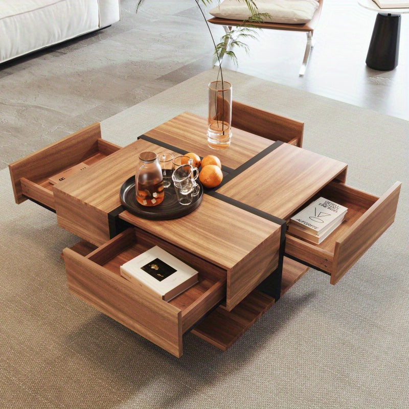 Zeitgenössischer Runder Couchtisch mit 4 Schubladen, Einzigartiges Holz- und Metall-Design, Ausreichend Stauraum, 78x78x36cm - Ideal für Wohnzimmer oder Küche