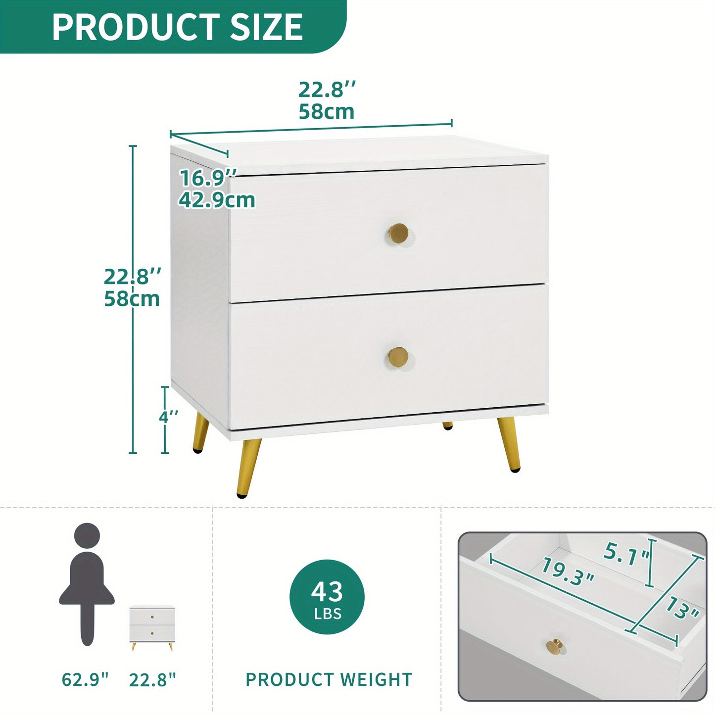 2 Stück Luxus-Doppel-Schubladen-Nachttisch mit goldenen Metallbeinen, multifunktionale Aufbewahrungstisch für Schlafzimmer/Wohnzimmer, Deko für das Bett, Raumorganisation, stilvolles Möbelstück, moderner Nachtkasten, langlebige Konstruktion, hochwertige