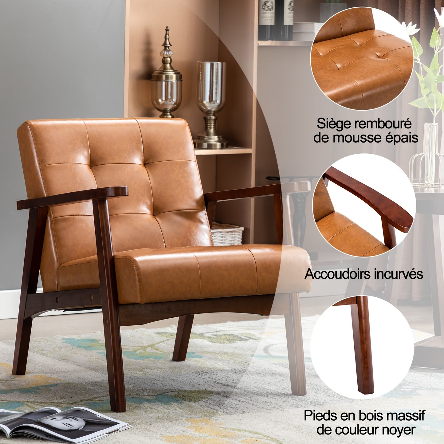 Ergonomischer Vintage-Armlehnstuhl aus Kunstleder mit Massivholzrahmen - Dickes Kissen, Retro-Stil für Wohnzimmer, Schlafzimmer, Café, Büro - Karamellbraun, Stuhl für Wohnzimmer, Handstützenstuhl