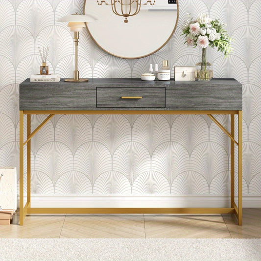 Konsolentisch, Flurkonsole mit 1 Schublade, Leichter Luxus-Beistelltisch, Couchtisch, 120X38X76 Cm, Grau/Golden