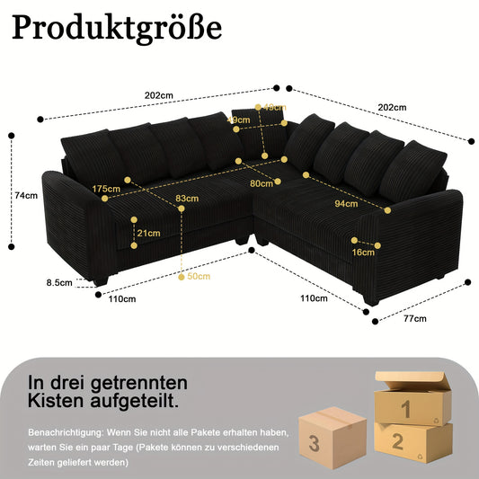 Moderner L-förmiger Ecksofa – Schwarzer Cordstoff mit Plüschpolster & Kissenlehne, platzsparendes Design für Wohnzimmer und Schlafzimmer, vielseitige Konfigurationen, weiche Polsterung, moderner Sitzsessel, gemütliche Couch, modulares Sofa