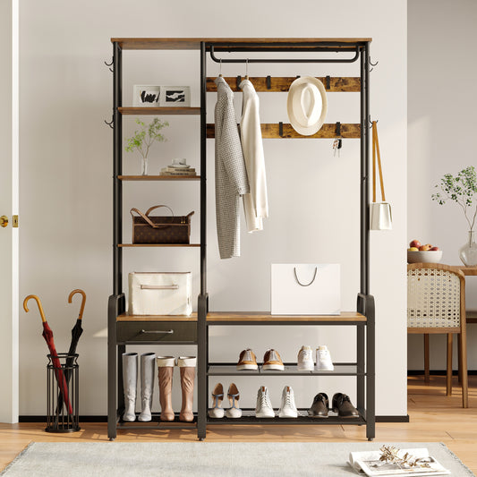 Clothes rack with bench, clothes rack with 3-tier shoe bench, 1 drawer, 5-in-1 clothes rack with 17 hooks, 1 hanging bar, 4-tier side cabinet, 40 x 120 x 182 cm, brown and black