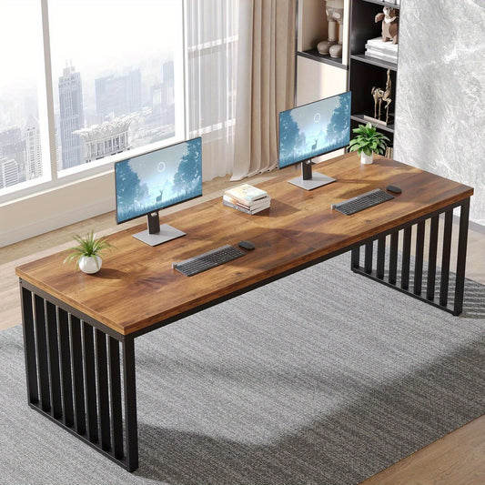 Großer Computer-Schreibtisch, 180 cm Schreibtisch, PC-Tisch, Bürotisch mit robustem Metallrahmen, Arbeitsplatz für Home Office, Heimschreibtische, Konferenztisch, Braun (ohne Stuhl)
