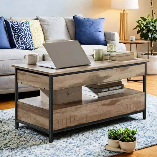 Verstellbarer Höhen Multifunktions-Couchtisch 50 x 100 cm, Wohnzimmertisch/Kaffeetisch/Sofatisch, Tischplatte Lift-Top Design , mit Schubladen、offenes Fach Aufbewahrung ，Stylischer Industriestil，mehrere Farben erhältlich，für Wohnzimmer, Empfangsbereich，S