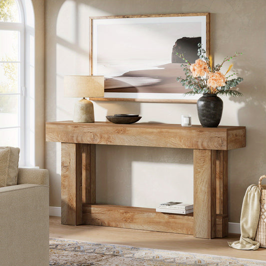 63-Zoll Moderner Farmhouse-Eingangskonsolentisch - 2-Lagiger Schmal Langer Flur-Tische aus Massivholzoptik mit Rustic-Braunem Finish, Platzsparendes Design & Stabilem Kippboden für Wohnbereich, Einstiegshalle – Einfache Montage , Großflächige Aufbewahrun