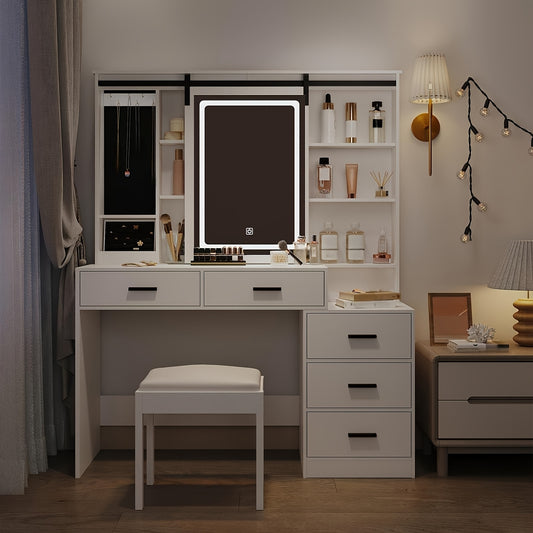 Schminktisch mit verstellbarer LED-Beleuchtung, abnehmbarem Großspiegel und Schmuckaufbewahrung, offenem Regal, 5 Schubladen, Beistelltisch, geeignet für Schlafzimmer, ohne Hocker, Weiß