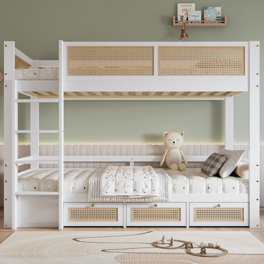 Moderner Weißer & Natürlicher Rattan-Etagere mit 3 Ausziehbaren Schubladen, Kiefer/MDF Lamellenrahmen & Sicherheitsgeländer - 90x200cm, Einfache Montage, Kein Strombedarf, Platzsparendes Design für Kleine Räume, Wohnheimzubehör, Gästezimmer, Schlafzimmer