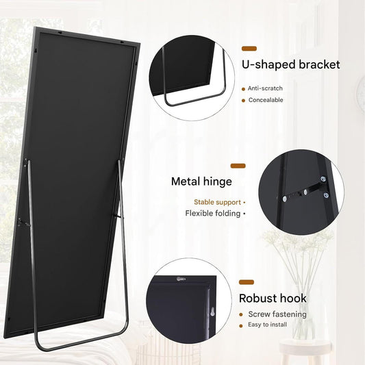 Koonmi 165 x 60 cm standing mirror, robust full-length mirror with minimalist, narrow aluminum frame, modern large wall mirror standing or hanging for living room and bedroom, black/gold
