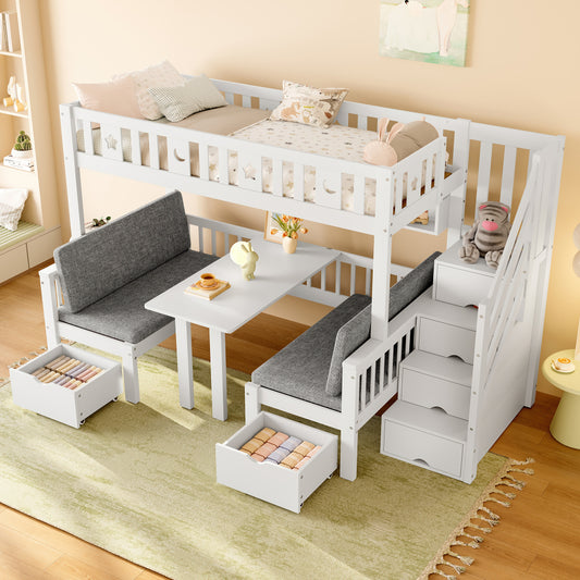 Multifunktionales Hochbett mit klappbarem Schreibtisch, Zwei-in-Eins Bett und Schreibtisch, Schlafzimmerbett mit Stauraum, multifunktionales Bett, das in Tisch und Stuhl umgewandelt werden kann, mit grauen Kissen, platzsparendes Doppelbett für kleine Woh