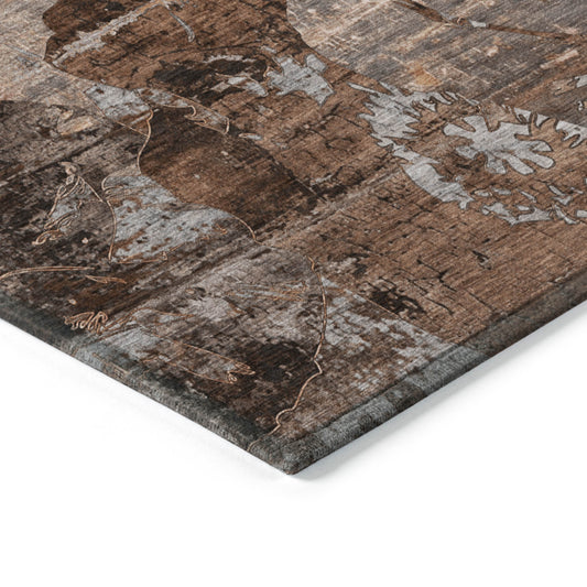 3' X 5' Brown Terracotta and Gray Floral Washable Non Skid Indoor Outdoor Area Rug