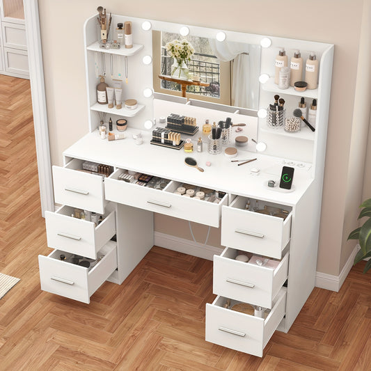 Großer Schminktisch mit LED-Beleuchtungsspiegel & Steckdose, Make-up Schminktisch mit 7 Schubladen, 4 Ablagen und 5 Haken, Schminktisch, Schminktisch Set für Schlafzimmer, Badezimmer