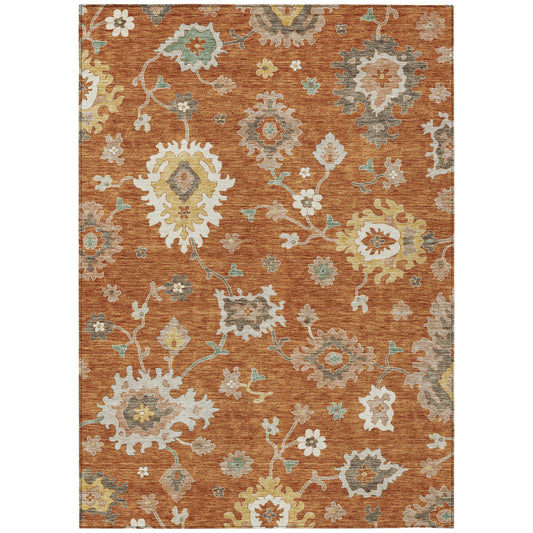 3' X 5' Orange Ivory And Gray Floral Washable Indoor Outdoor Area Rug
