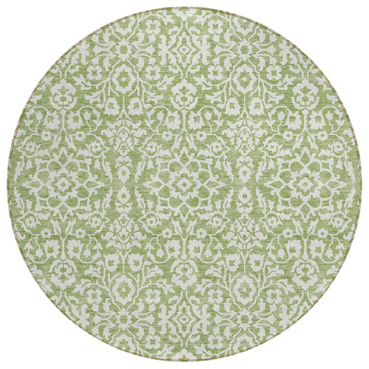 8' Green And Ivory Round Damask Washable Indoor Outdoor Area Rug
