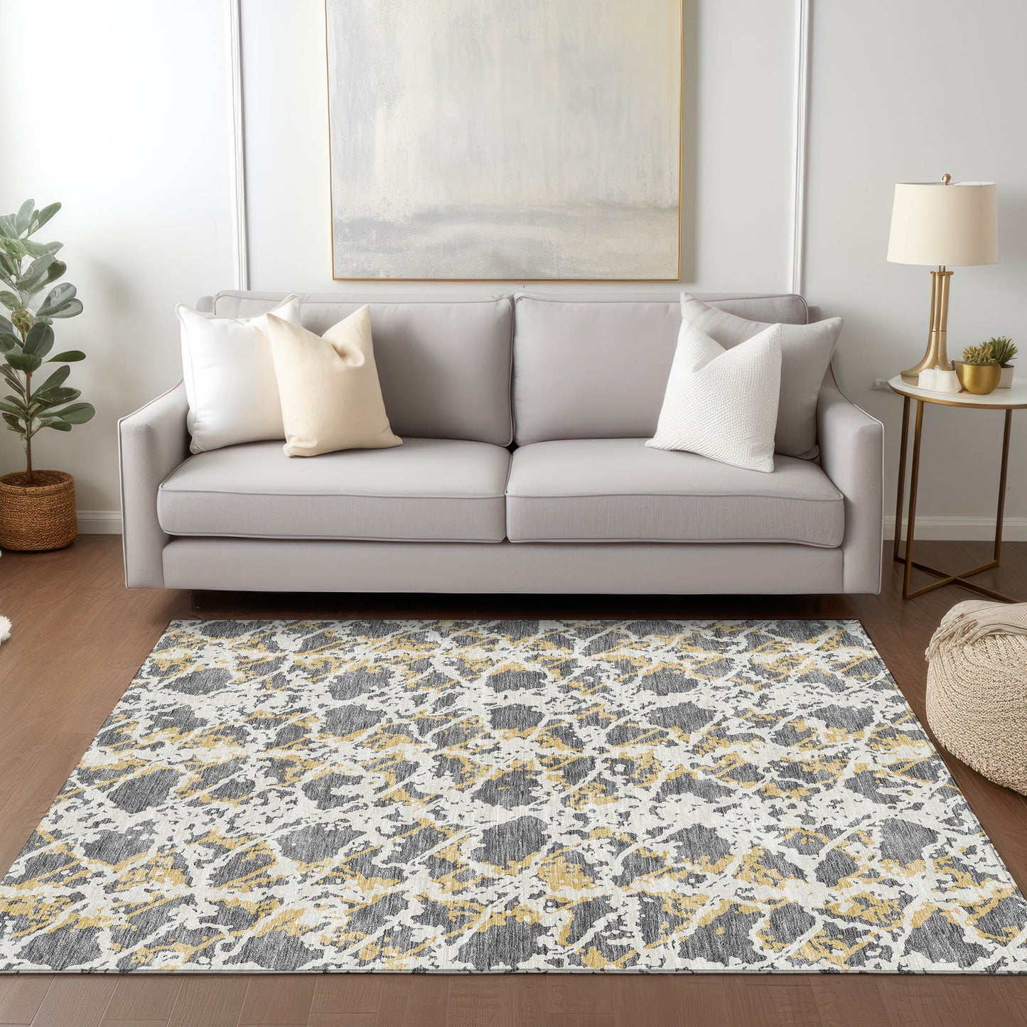 9' X 12' Gray And Ivory Abstract Washable Indoor Outdoor Area Rug