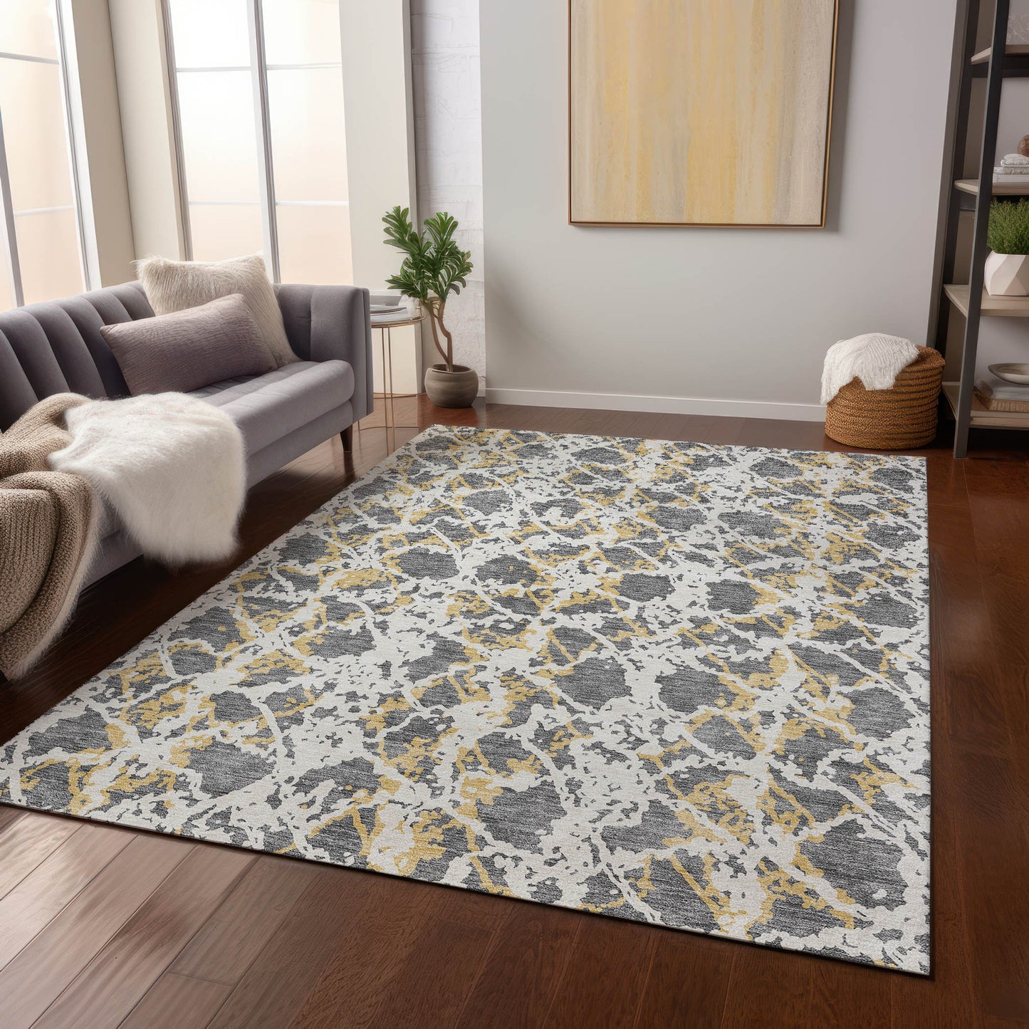 9' X 12' Gray And Ivory Abstract Washable Indoor Outdoor Area Rug