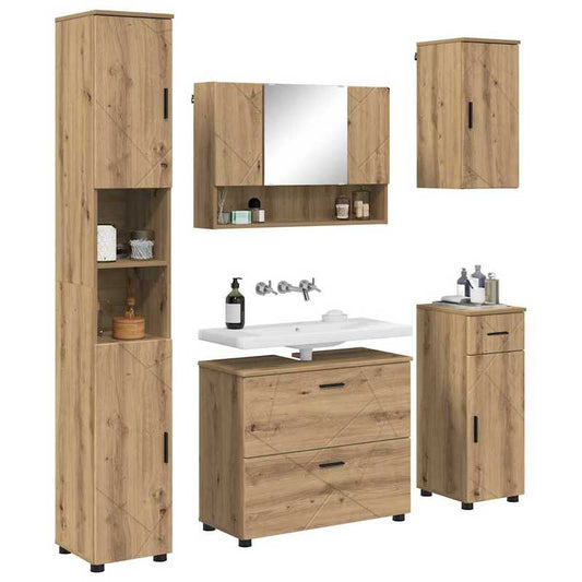 5-teiliges handgefertigtes Eichen-Badezimmermöbel-Set - Massivholz- und Metallkonstruktion, moderner rustikaler Stil mit natürlicher Holzmaserung, 30x35x192cm, langlebige Dusche- und Badewannenabtrennung, Schminktisch, Aufbewahrungsschrank und Regale - P
