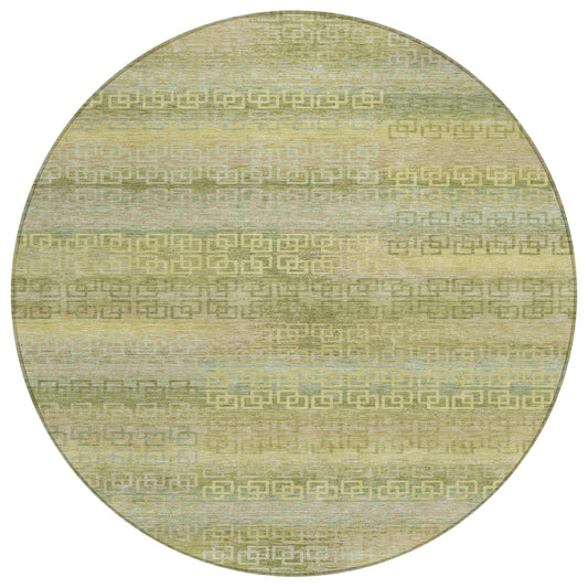 8' Sage And Gold Round Striped Washable Indoor Outdoor Area Rug