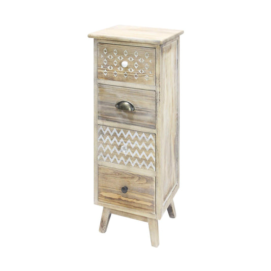 Rebecca Vintage Nachttisch, Kleine Kommode, 4 Schubladen, Hellbraun Shabby White, Leinen-Aufbewahrung - Maße: 81,5 x 30 x 30 cm (HxBxT) - Art. RE6619