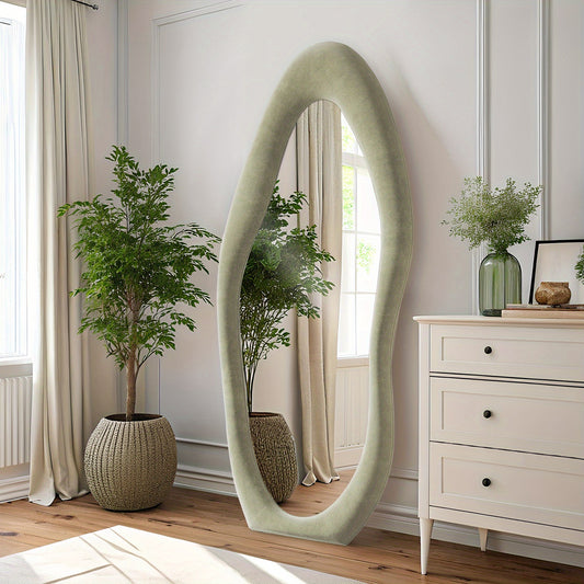 Vollständige Länge Unregelmäßig Gebogener/Symmetrischer Ovaler Spiegel - Grüner Flanellrahmen Boden-/Wandspiegel mit Ständer, Einfache Montage, Ideal für Schlafzimmer & Badezimmer, Moderne Wohnraumdekoration, Badezimmerspiegel, Spiegelwanddekoration, Spi