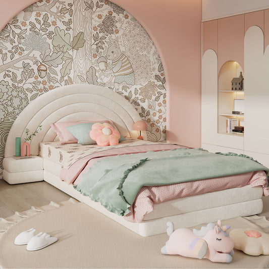 90X200Cm Einzelweiches Bett, Upholsteriertes Bett mit Kopfteil und Tischen auf beiden Seiten, Einfach, Stilvoll und Bequem, Modernes Bettgestell, Beige, Massivholzgestell, Stabile Struktur, Leise und Rutschfeste Schlafzimmermöbel, Nordische Stil Schlafzi