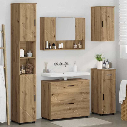 5-teiliges handgefertigtes Eichen-Badezimmermöbel-Set - Massivholz- und Metallkonstruktion, moderner rustikaler Stil mit natürlicher Holzmaserung, 30x35x192cm, langlebige Dusche- und Badewannenabtrennung, Schminktisch, Aufbewahrungsschrank und Regale - P