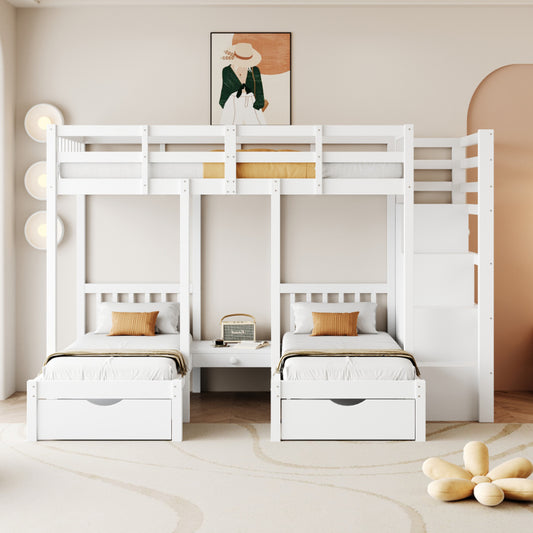 Geräumiges Weißes Massivholz-Etagenbett für Jugendliche - 90x200cm mit Sicherheitsleiste, Aufbewahrungsschubladen & Leiter, Einfache Montage, Zeitgenössischer Stil