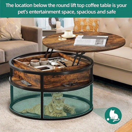 Verstellbarer Runder Kaffeetisch mit Hebeplatte und verstecktem Stauraum – Vintage-Holzdesign, platzsparender Multifunktions-Tisch für Wohnzimmer & Homeoffice, einfache Montage