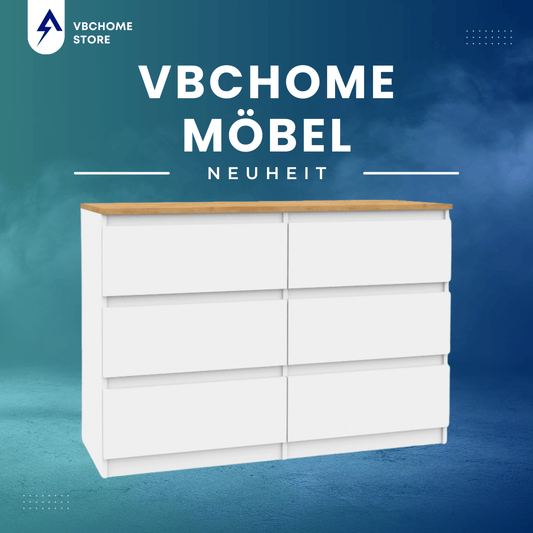 VBChome Kommode 6 Schubladen 120x39x81 cm Weiß-Eiche Grifflose Holzkommode Modern für Flur Schlafzimmer Wohnzimmer Kinderzimmer Einfache Montage