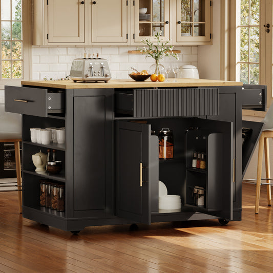 Kitchen island with trash can, 120x50x92 cm, 5 castors (2 lockable), large storage space with drawers and doors, MDF and metal