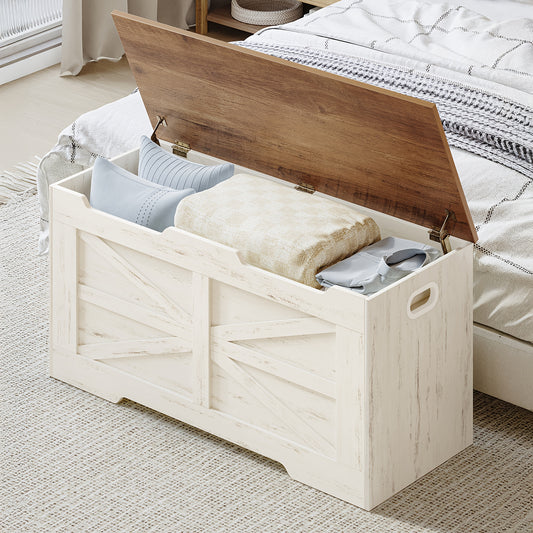 Lever-top storage bench with 2 safety hinges - 100cm white &amp; wood organizer for entryway, bedroom, living room - Versatile shoe storage with decorative lid, classic design, sturdy construction, minimalist design